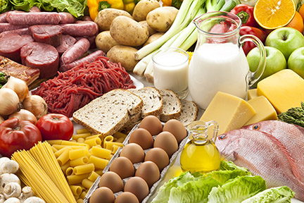 Colorful photo of different types of food including fruits, vegetables, meats, cheese and milk