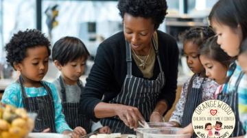 A photo of a volunteer cooking with children behind the Orangewood logo